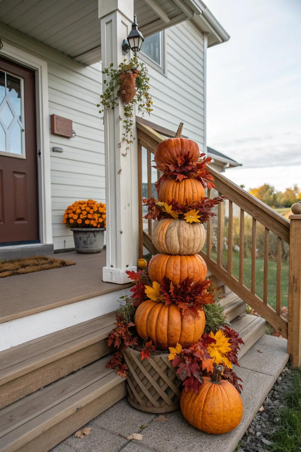 Stacked pumpkins create a striking Thanksgiving topiary.