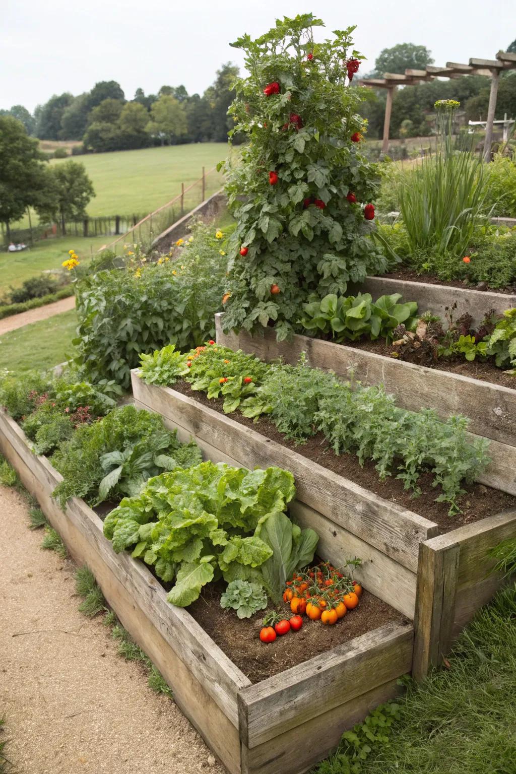 A tiered vegetable patch for fresh ingredients and efficient space use.