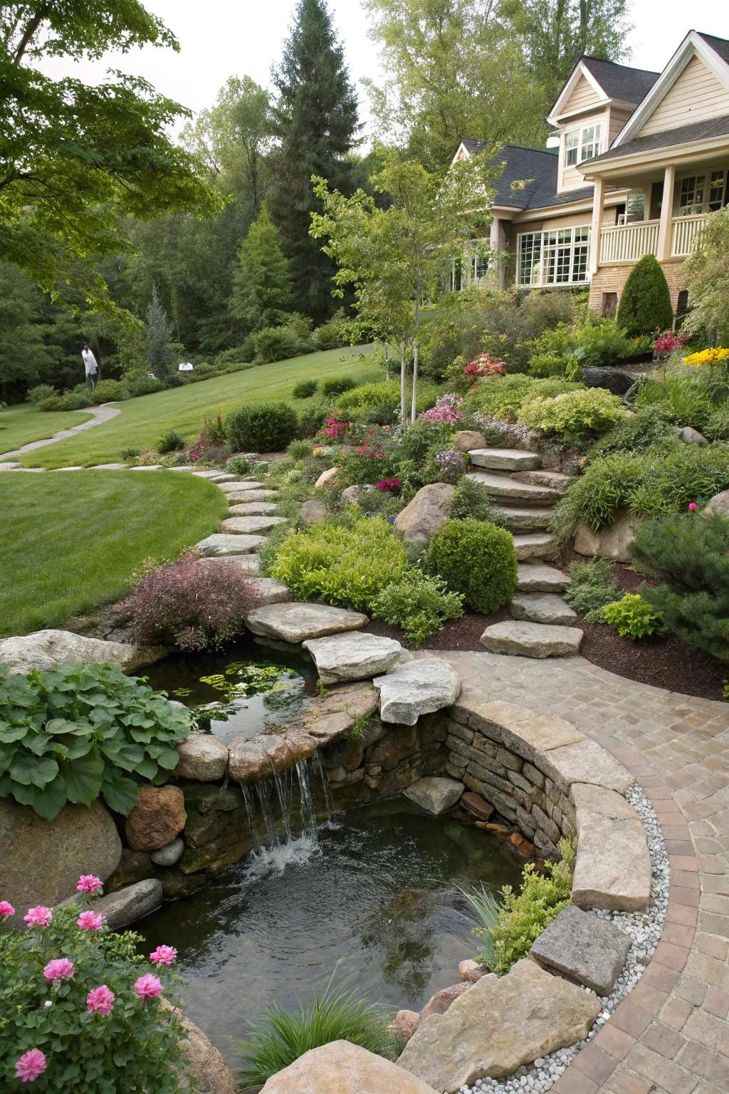 A water feature creates a peaceful and calming retreat.
