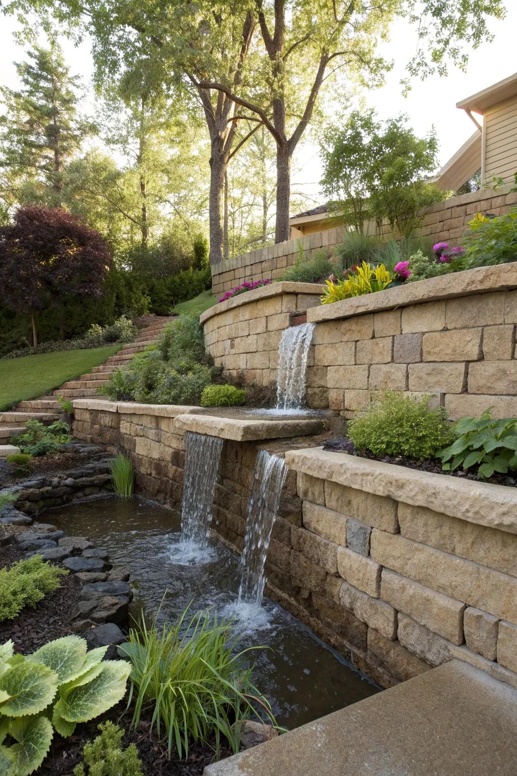 A cascading waterfall adds a touch of luxury to this tiered retaining wall.