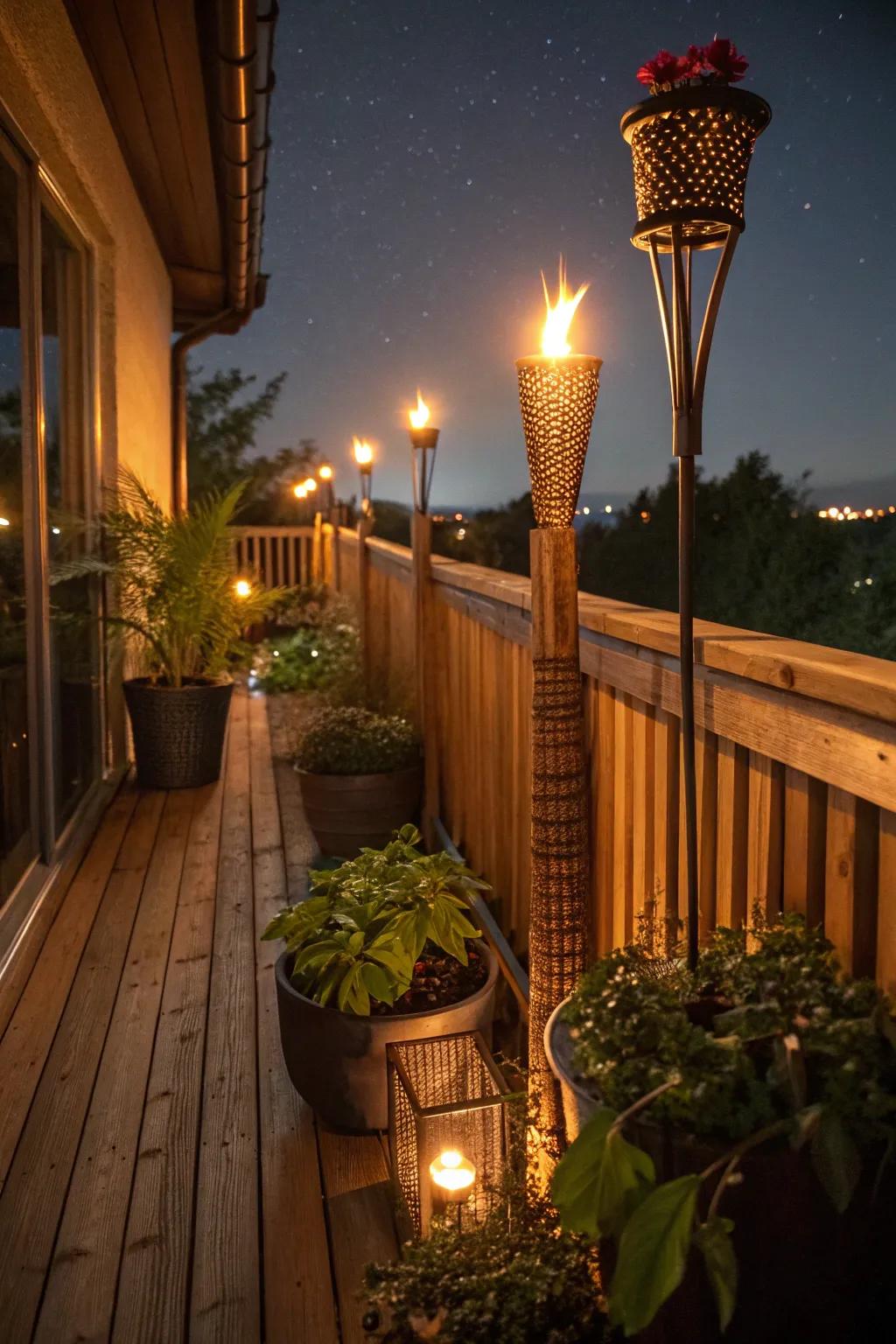 Light up small spaces with compact tiki torches for a cozy feel.