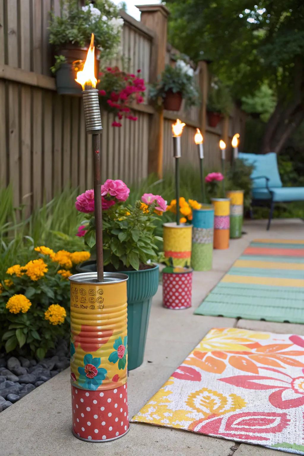 Tin can torches add a pop of color and fun to any outdoor area.
