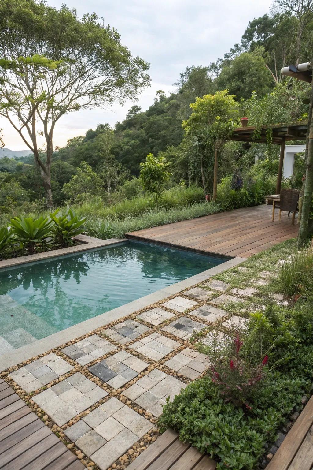Recycled tiles combine sustainability with style on your pool deck.
