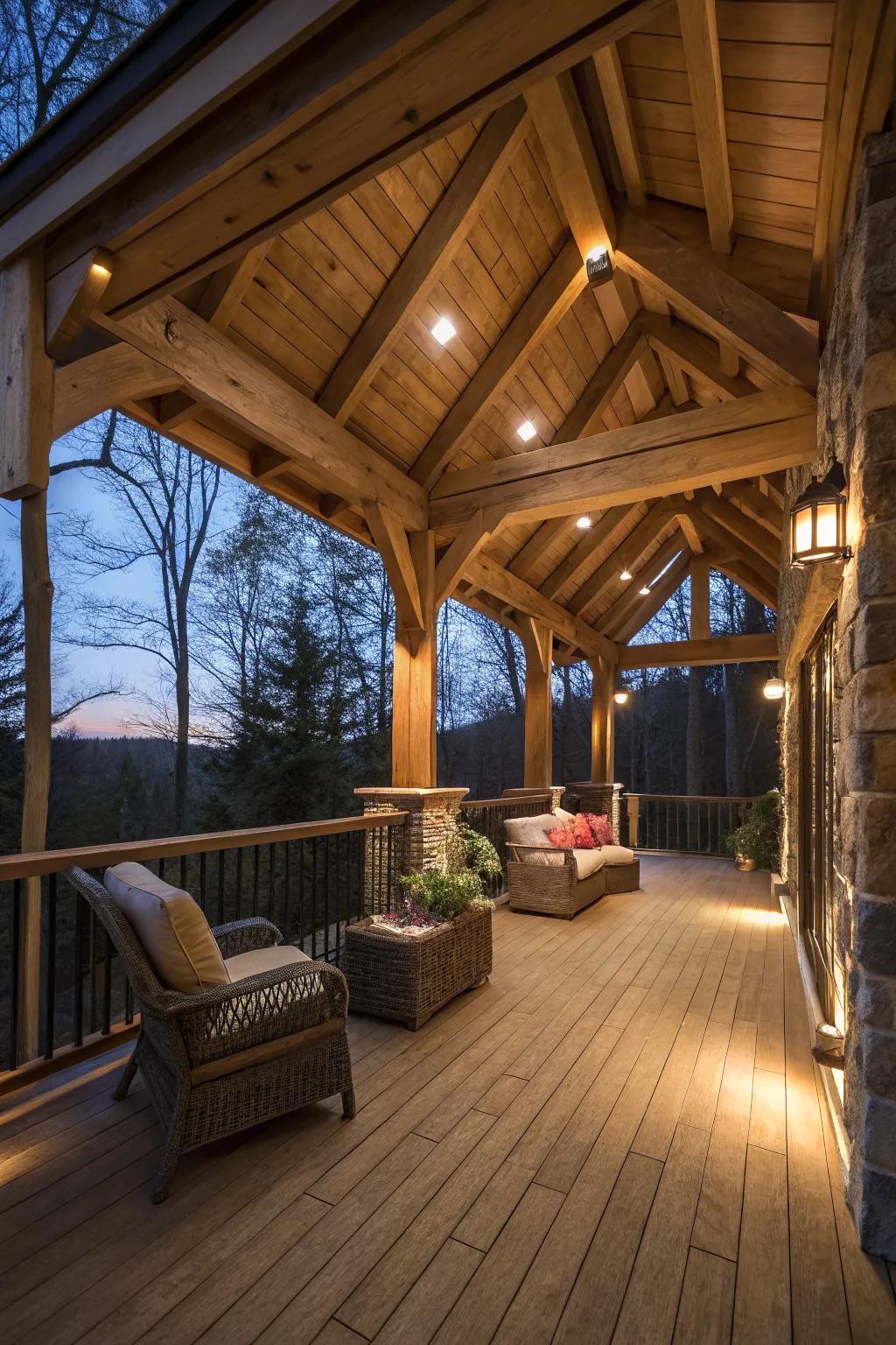 Smart lighting adds warmth and ambiance to the porch.