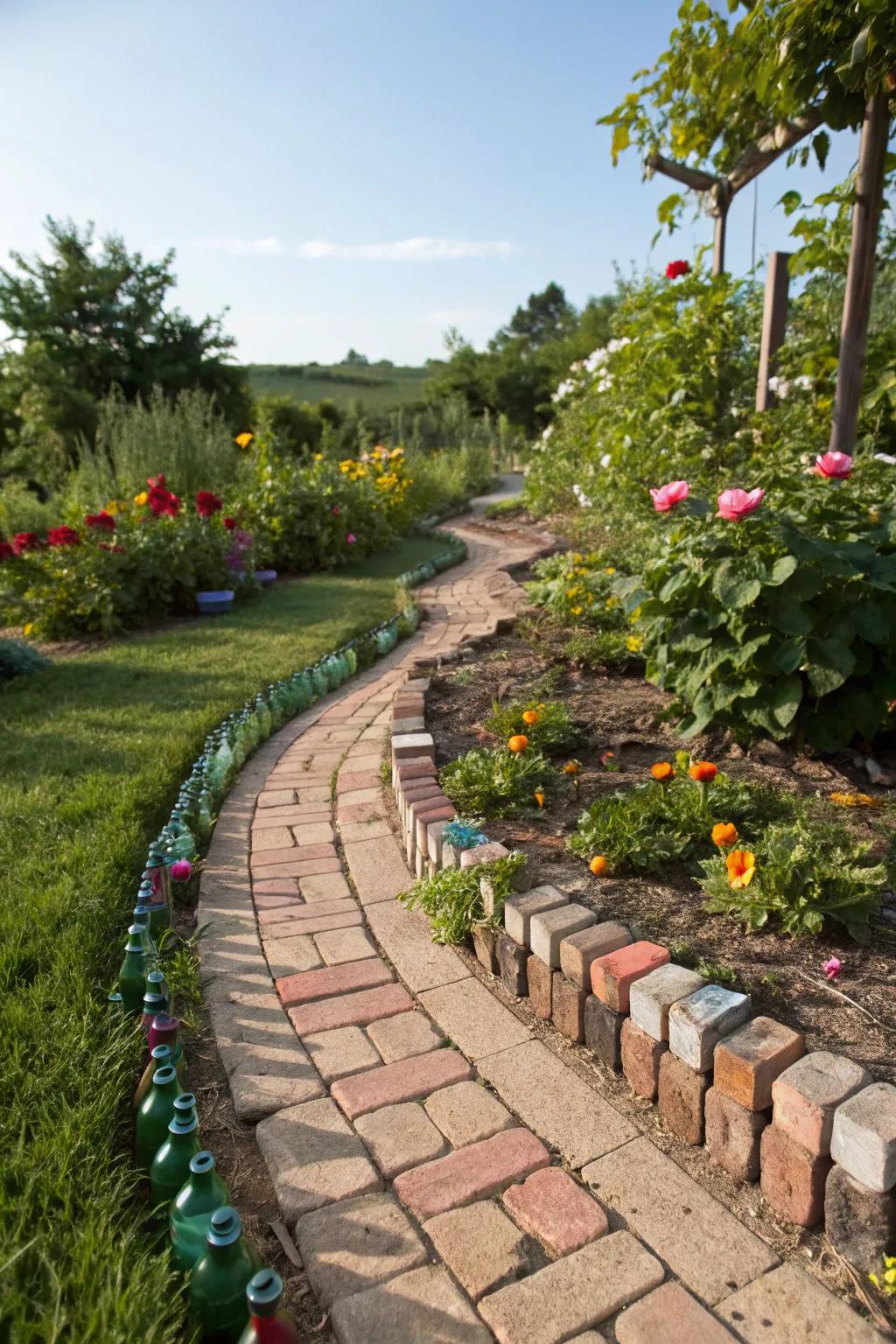 Creative garden edging using recycled bricks and bottles for a sustainable touch.