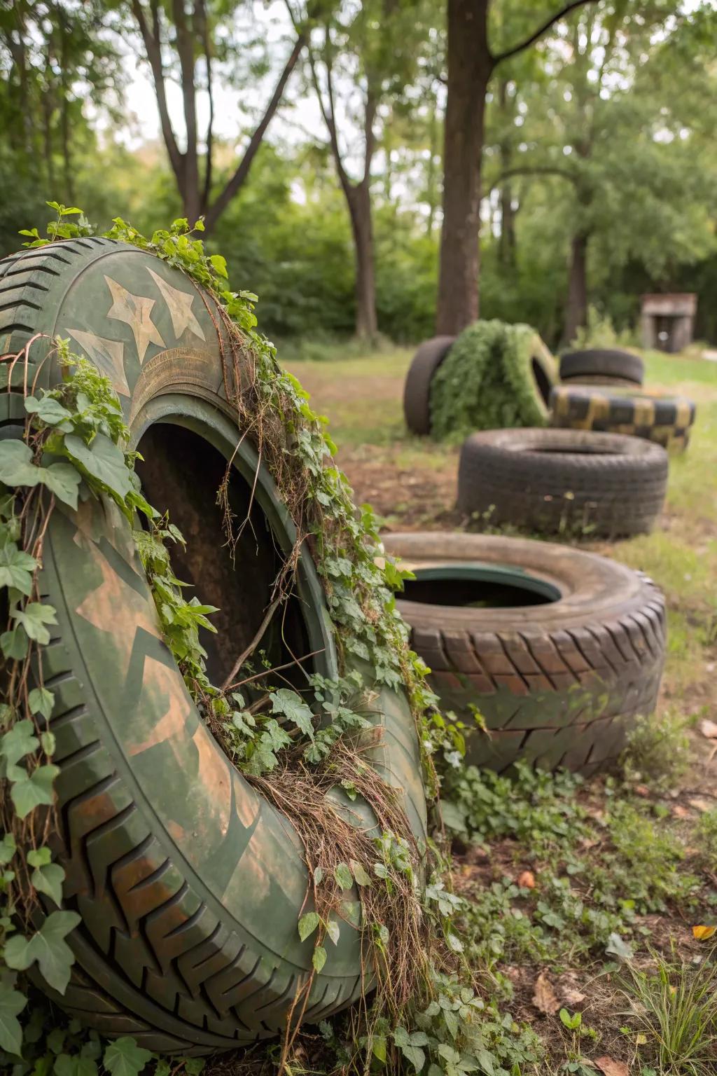Camouflaged tire planters let nature shine.