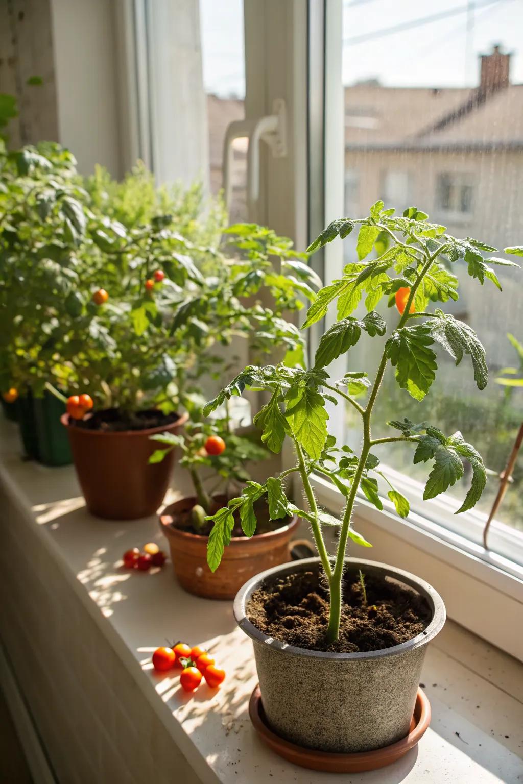 Windowsills provide a convenient and sunny spot for small tomato gardens.