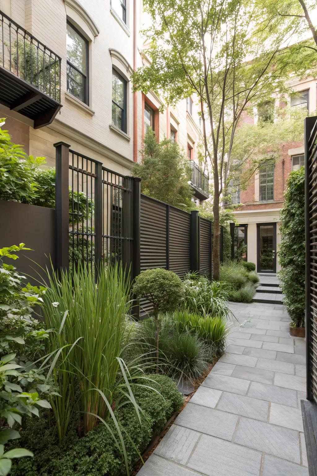 Privacy screens and tall plants create a secluded courtyard sanctuary.