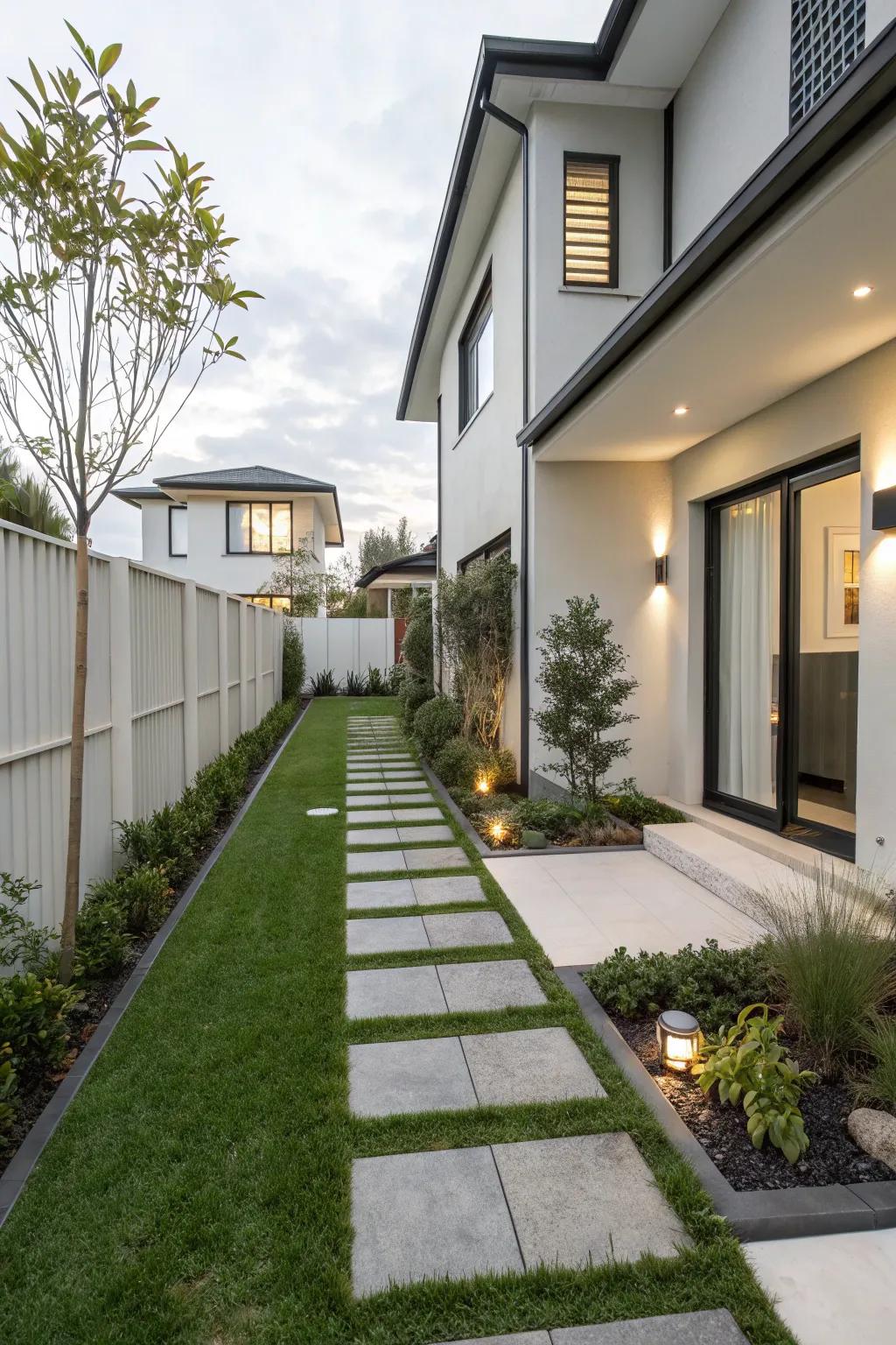 A modern minimalist design enhancing a townhouse front yard.