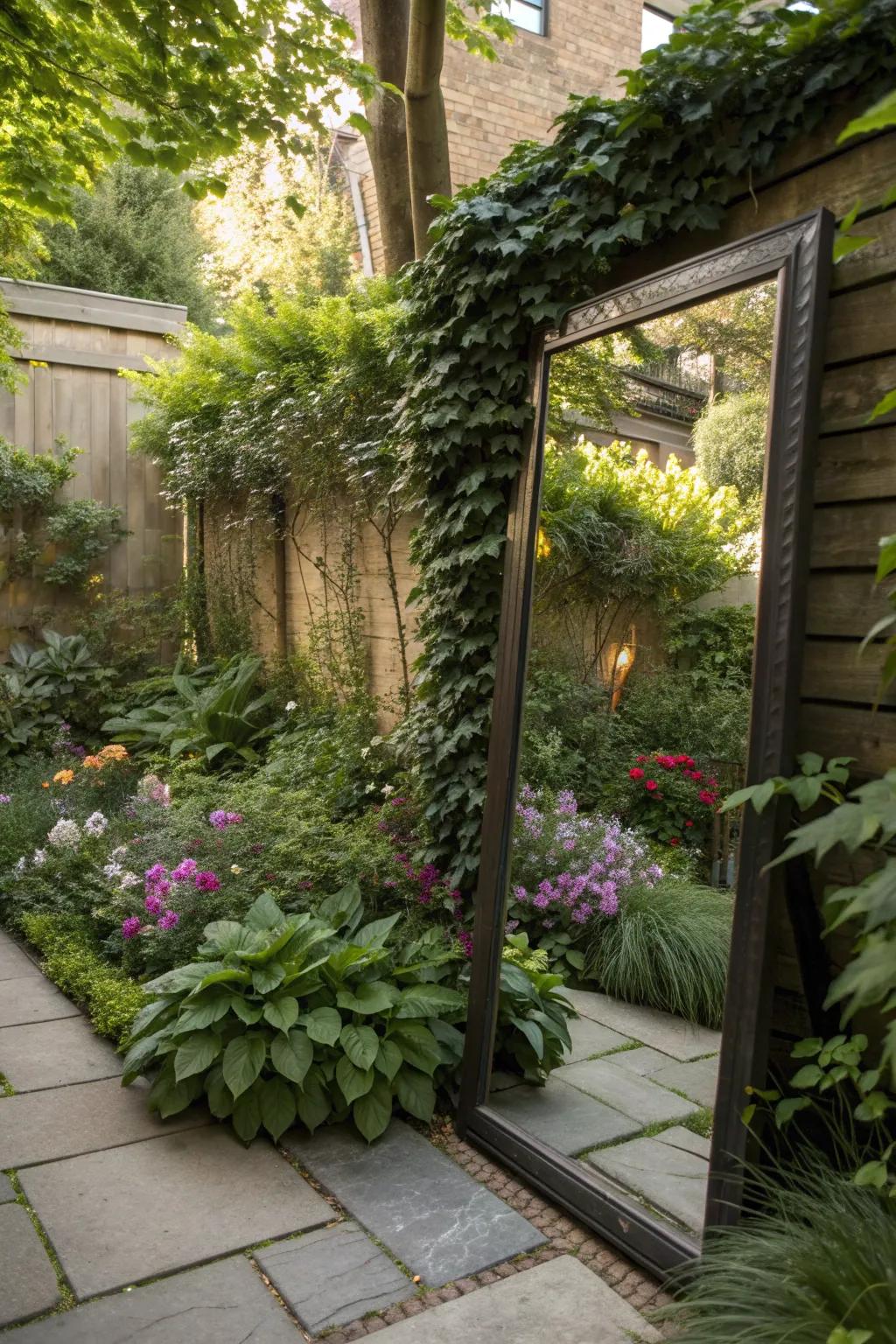 A mirror in a townhouse garden reflecting lush greenery, creating a sense of space.
