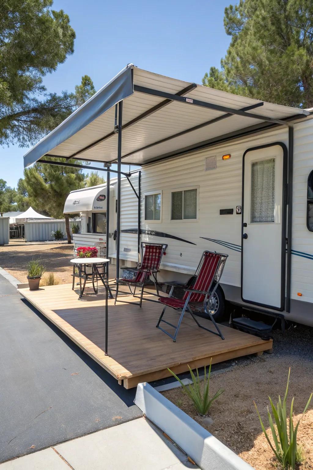 A portable trailer front porch setup perfect for travelers.