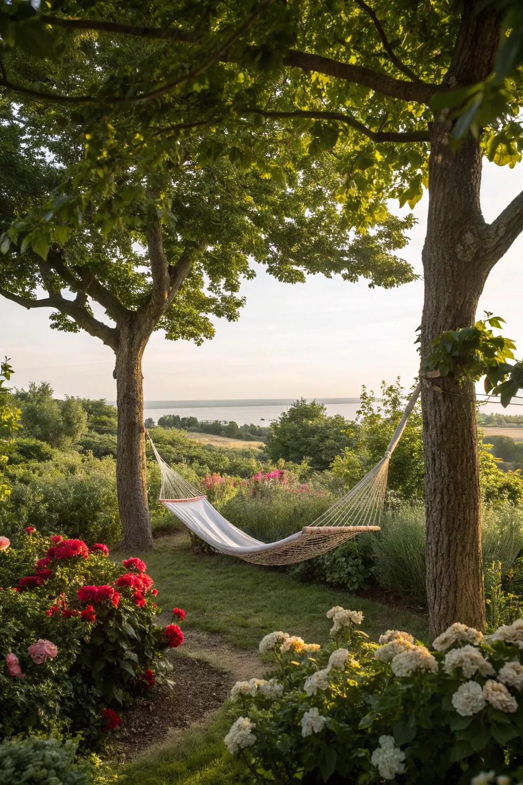 A serene garden nook with a relaxing hammock.