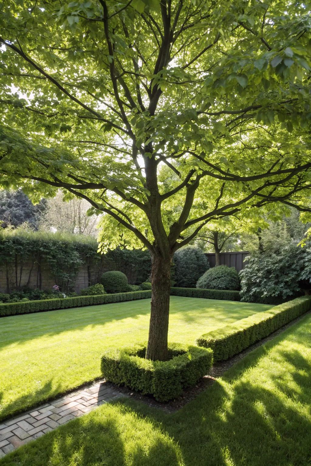A tree with a neat grass border.