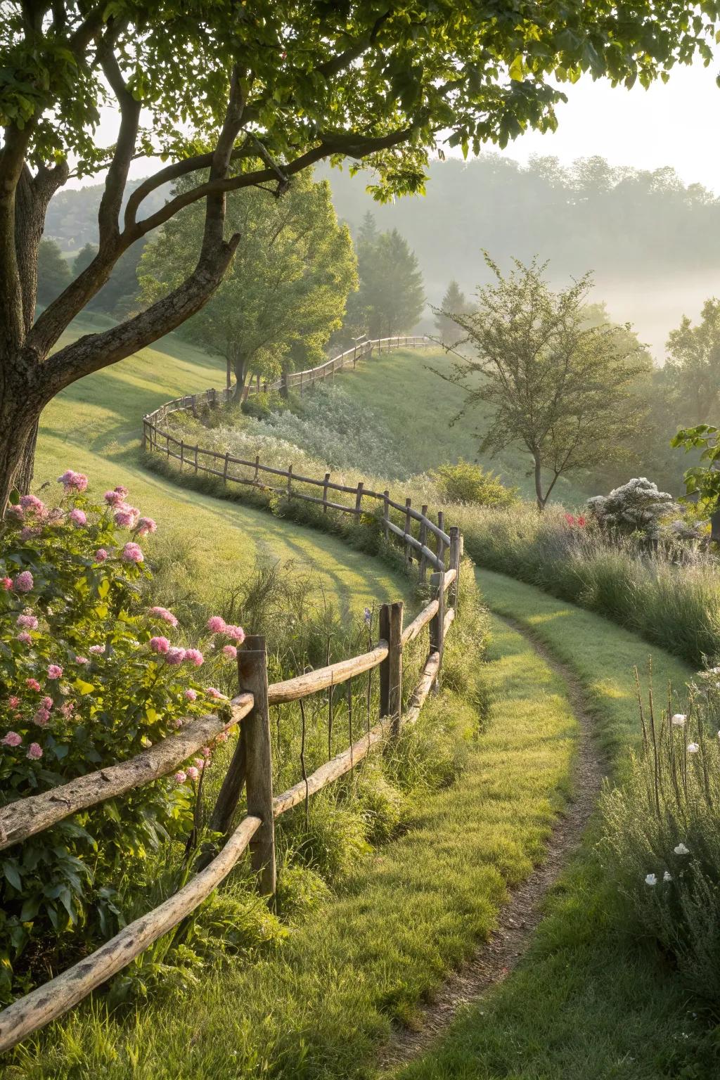 A curved branch fence brings natural flow to your garden landscape.
