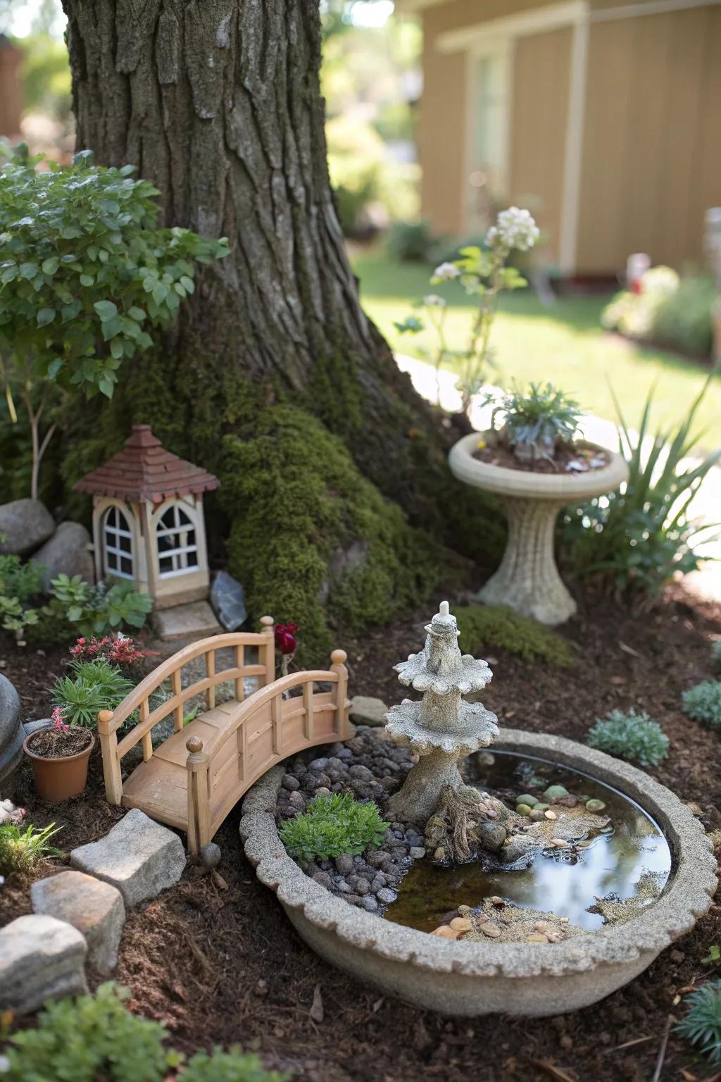 Miniature garden scene enhancing tree base