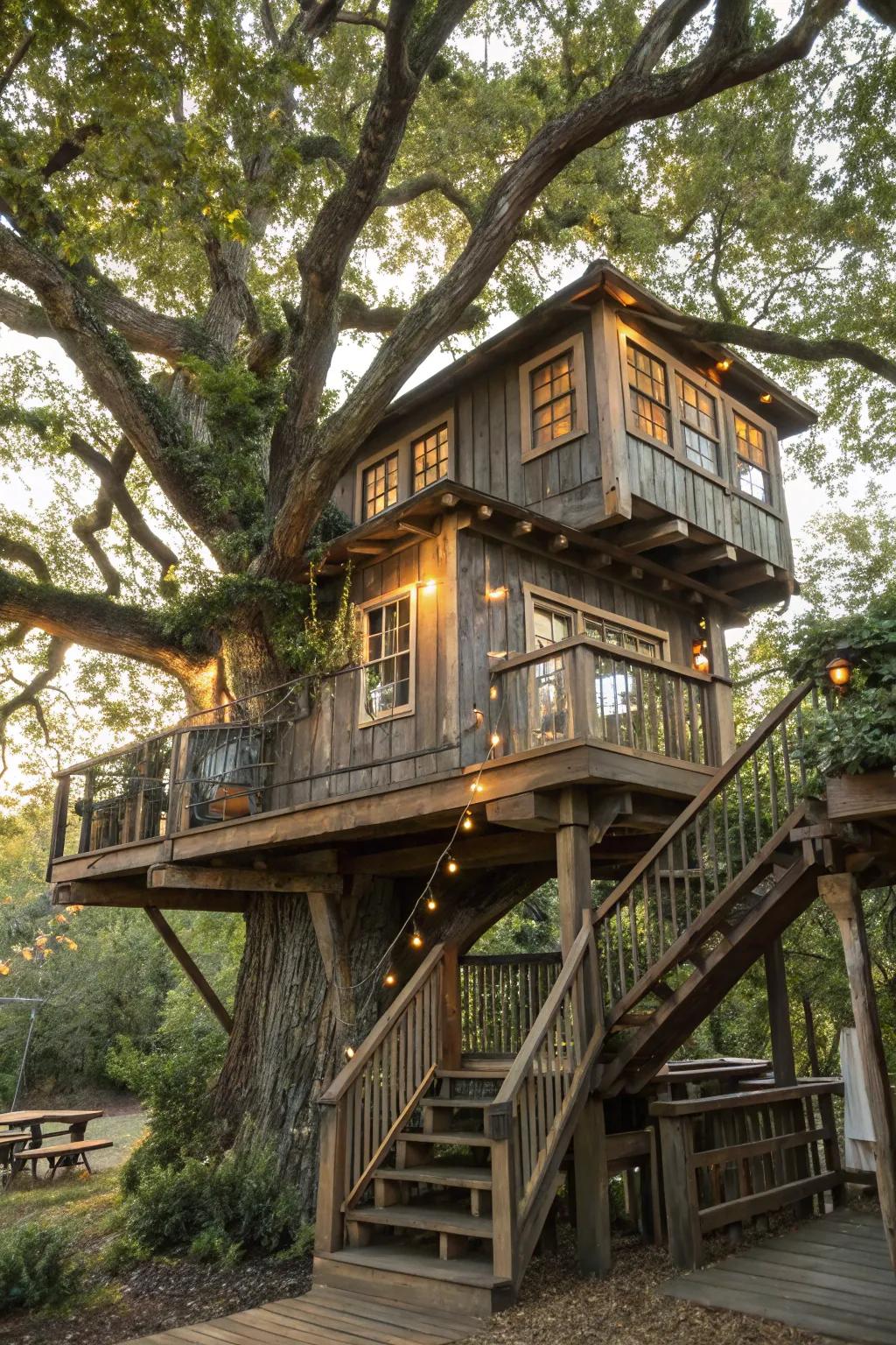 A two-story tree house offers double the adventure and fun.