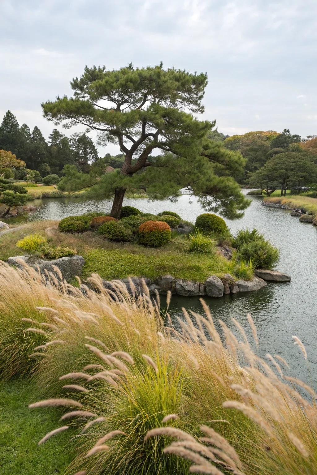 Ornamental grasses add elegance and movement.
