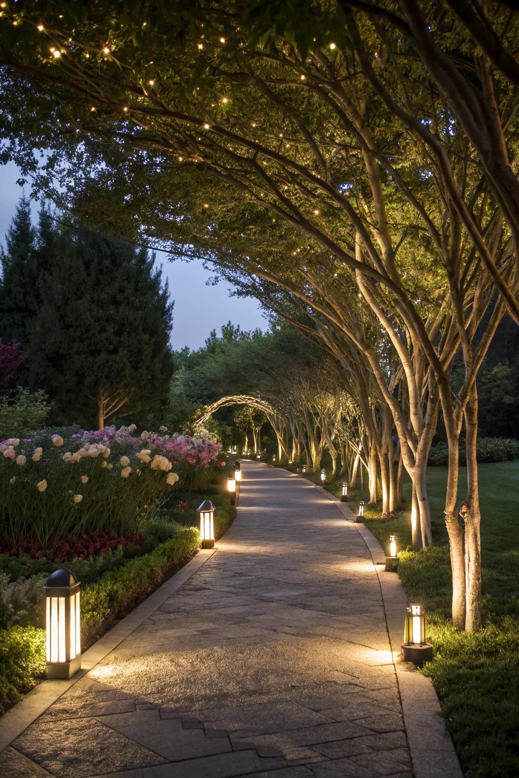 Seamless design with pathway and tree lighting integration.