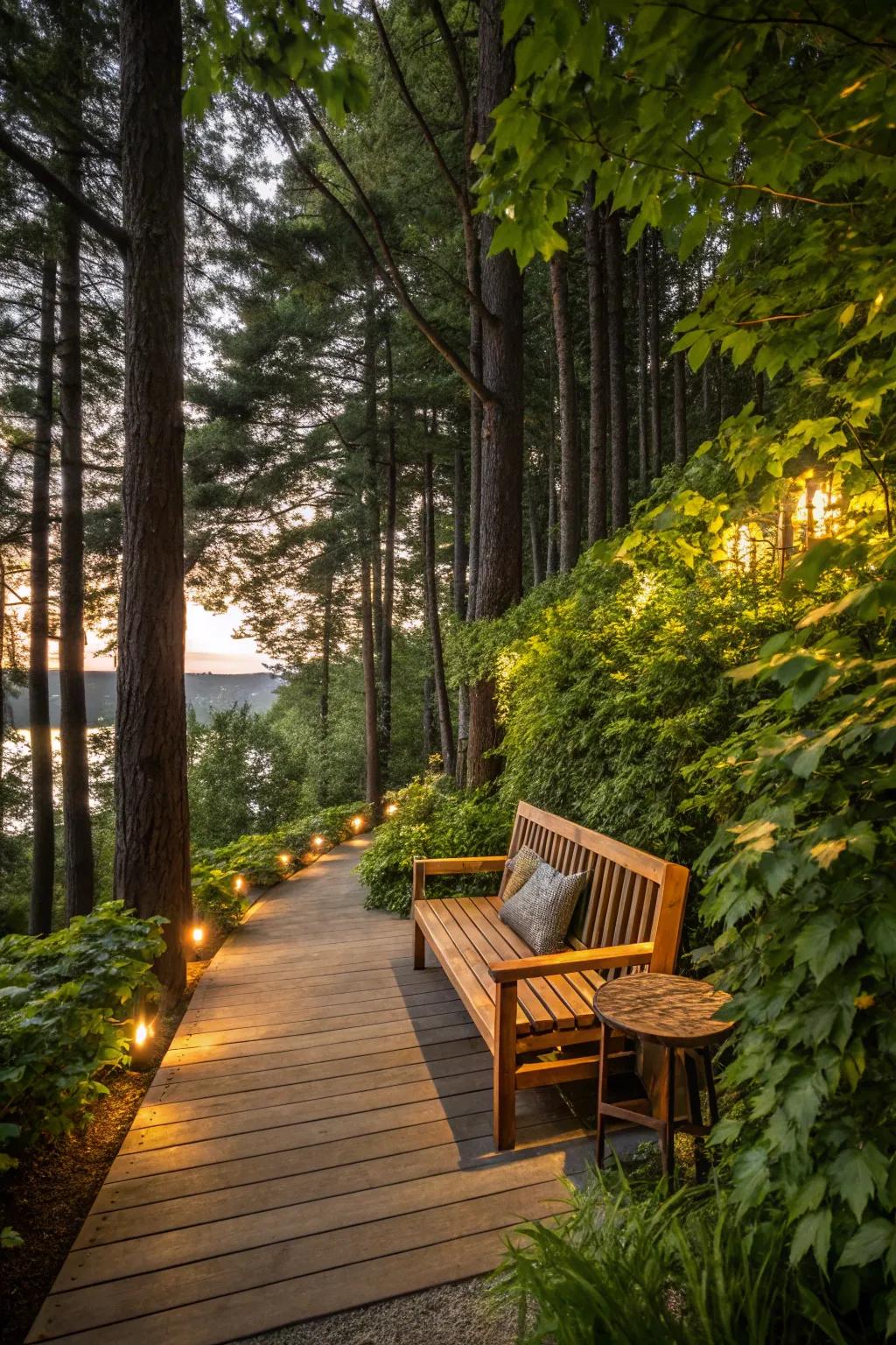 Create a peaceful retreat with a tree line seating area.