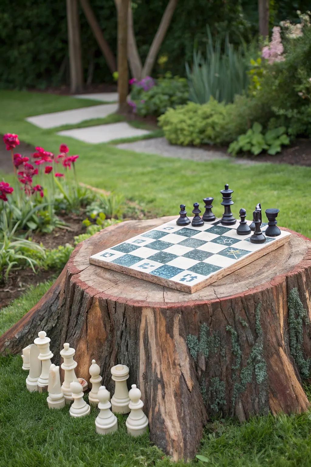 A tree stump serving as an outdoor chess board.