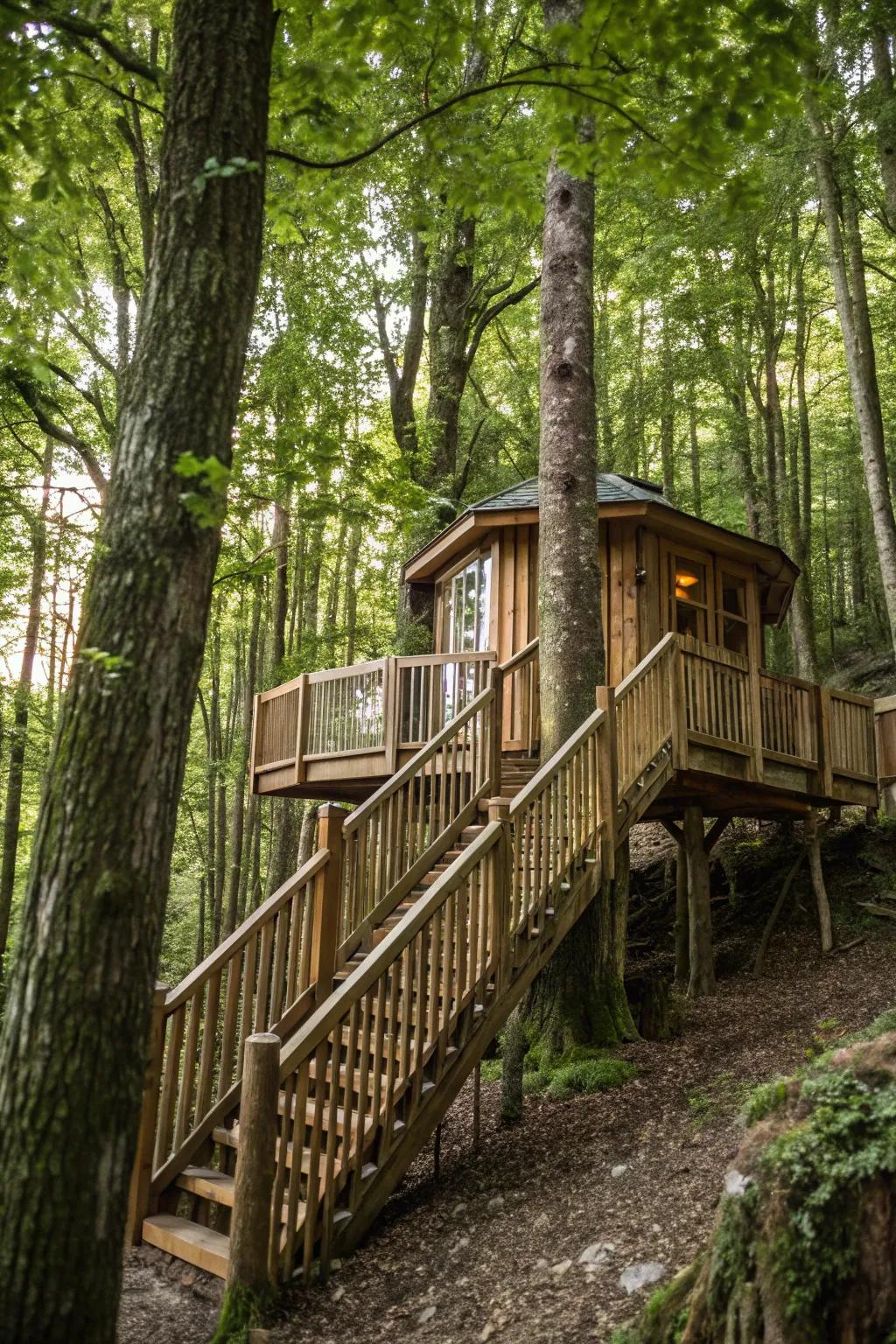 A treehouse with nature-blending railings, creating a harmonious environment.