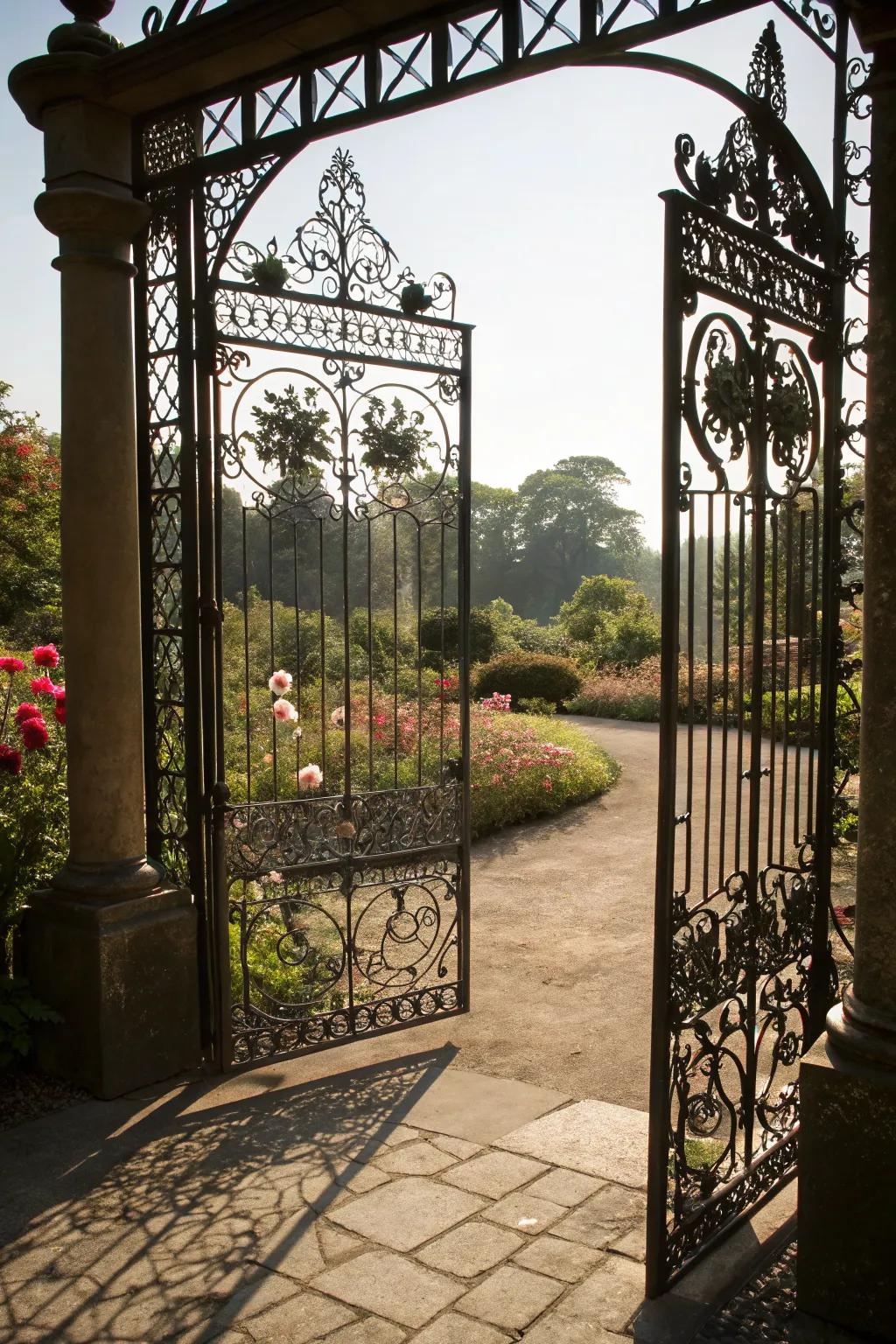 A wrought iron trellis gate exuding classic elegance.