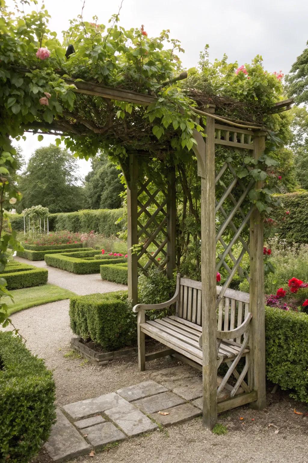 A trellis and bench create a serene garden nook.