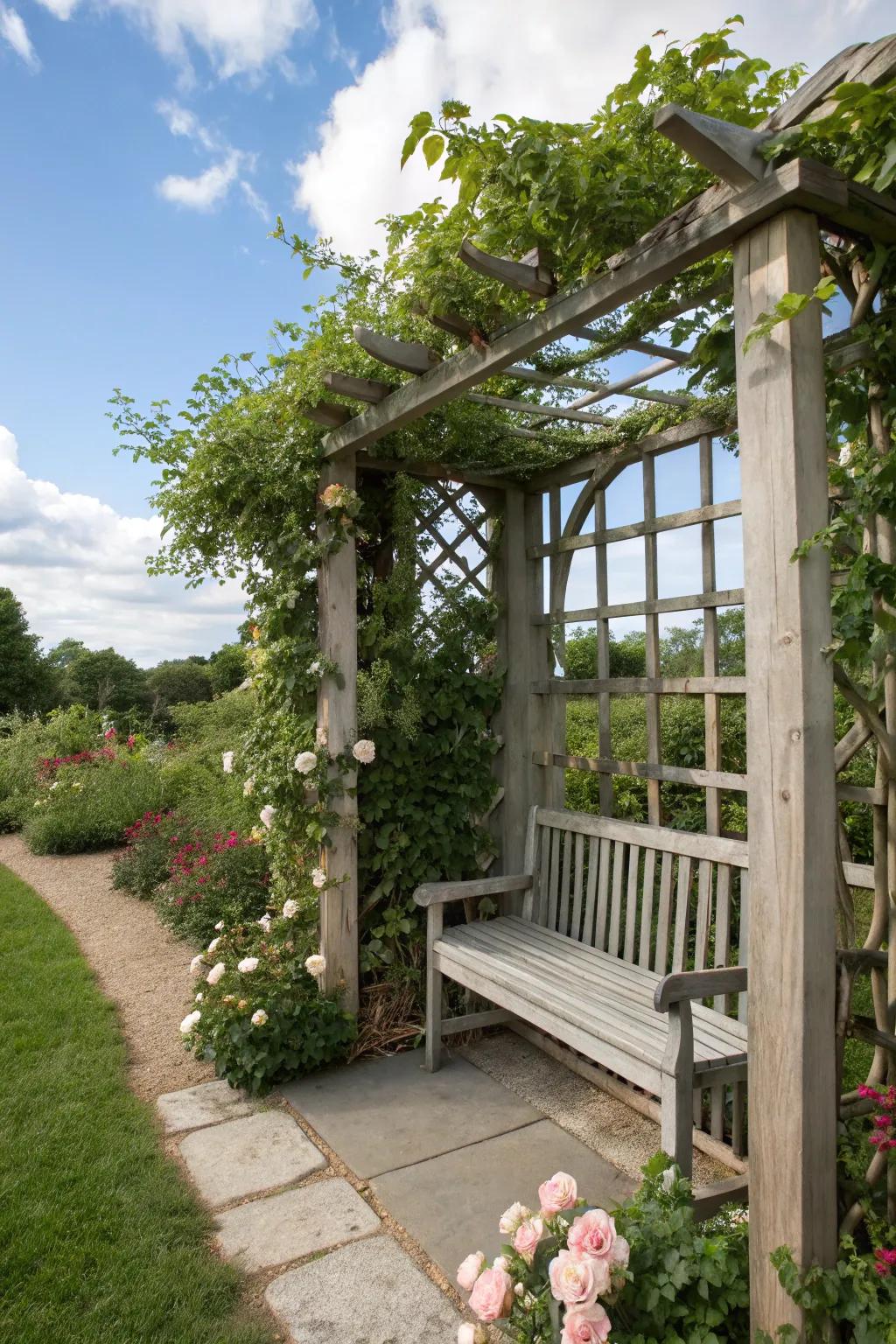 A trellis with a bench provides both function and relaxation.