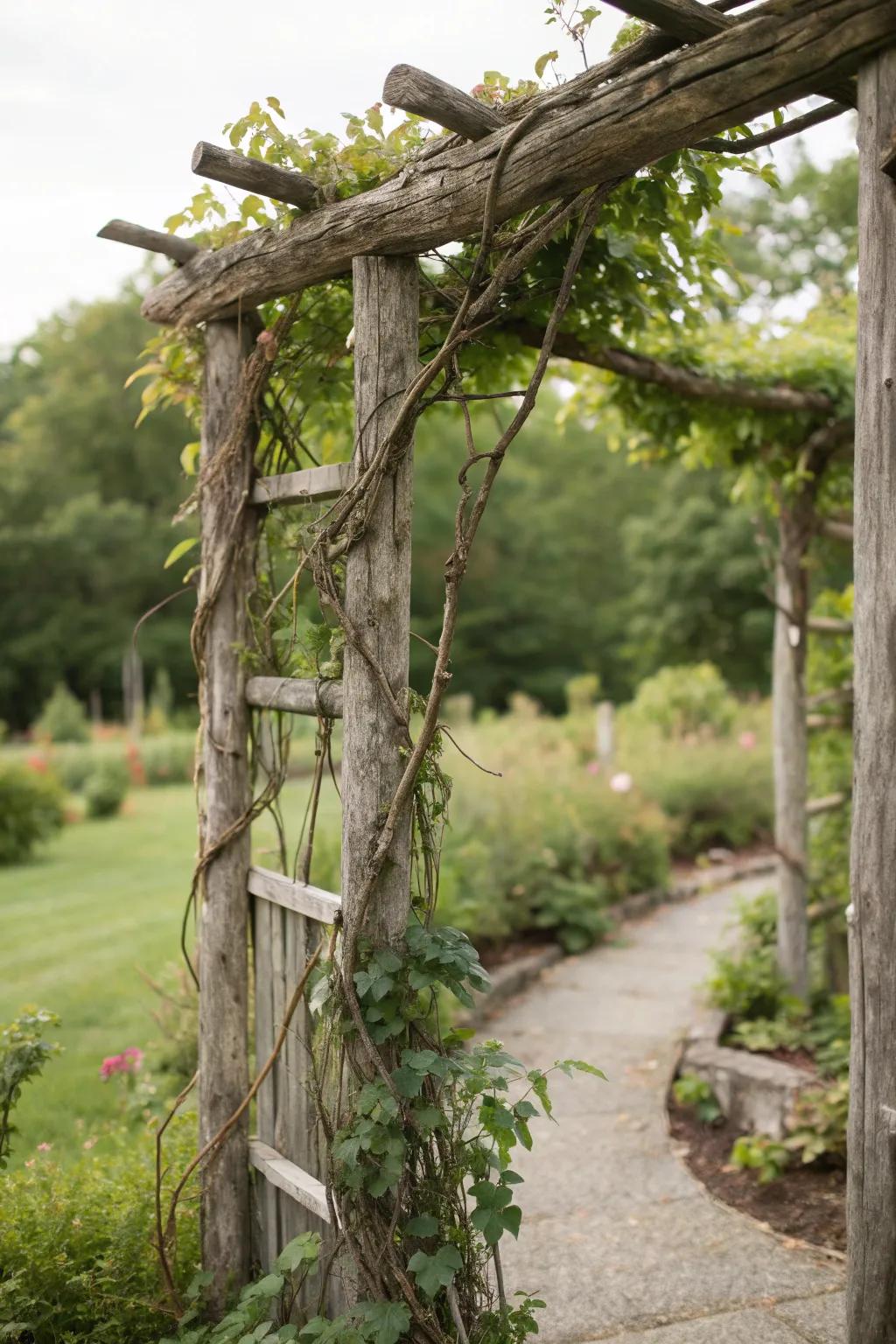 A rustic branch trellis offers a raw, organic look in a natural wood finish.