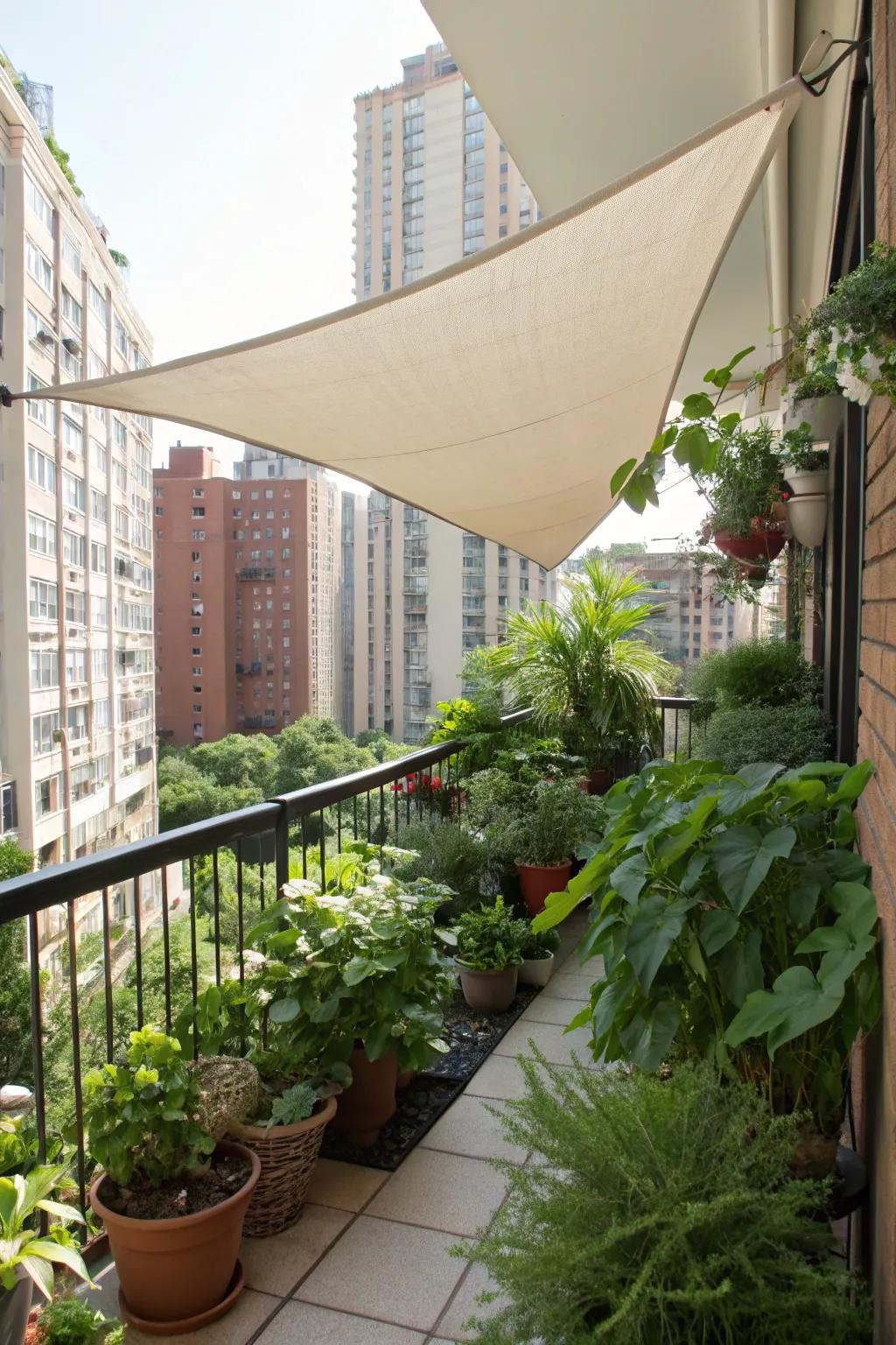 An urban balcony transformed into a shaded oasis with a triangle sun shade.