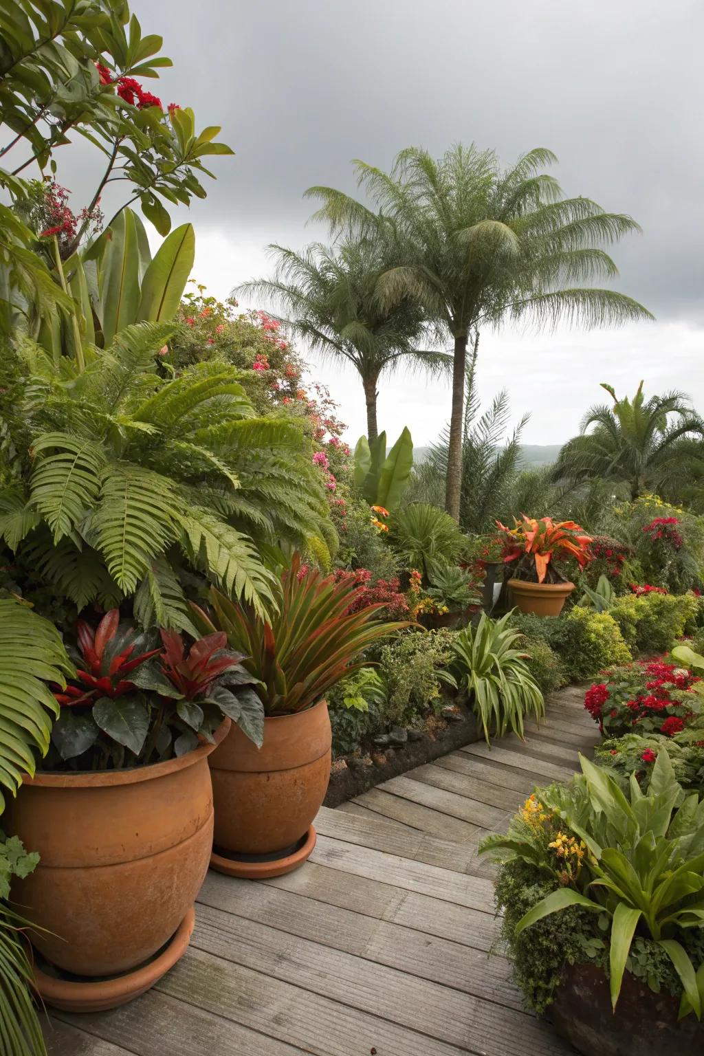 Container gardens offer tropical flexibility.