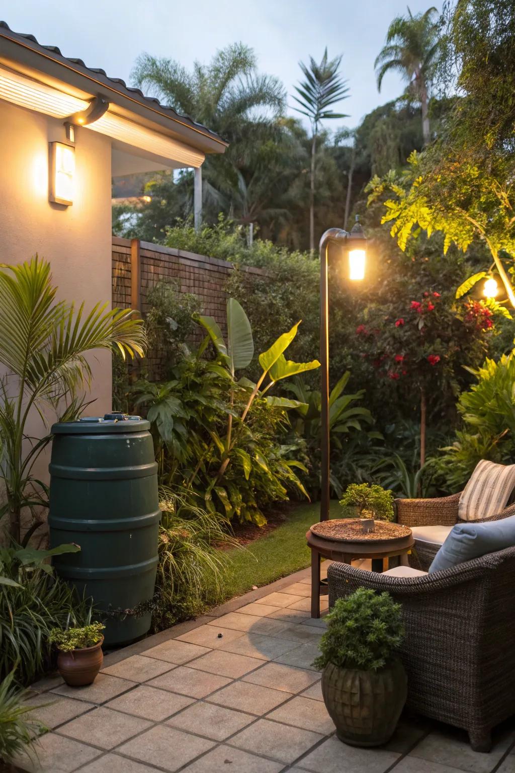 Eco-friendly practices like solar lights and rainwater barrels enhance this patio.