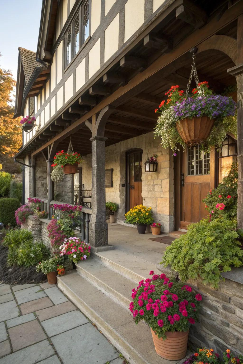 Potted plants and hanging baskets bring a touch of nature to this Tudor porch.