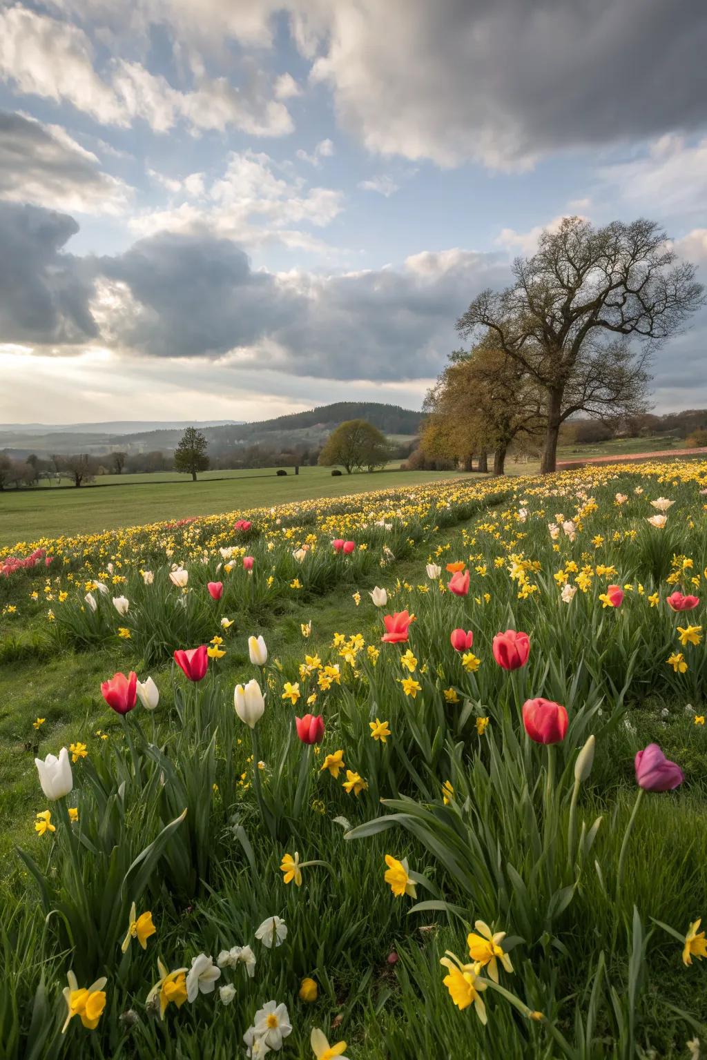 A dreamy tulip and daffodil meadow within a garden.