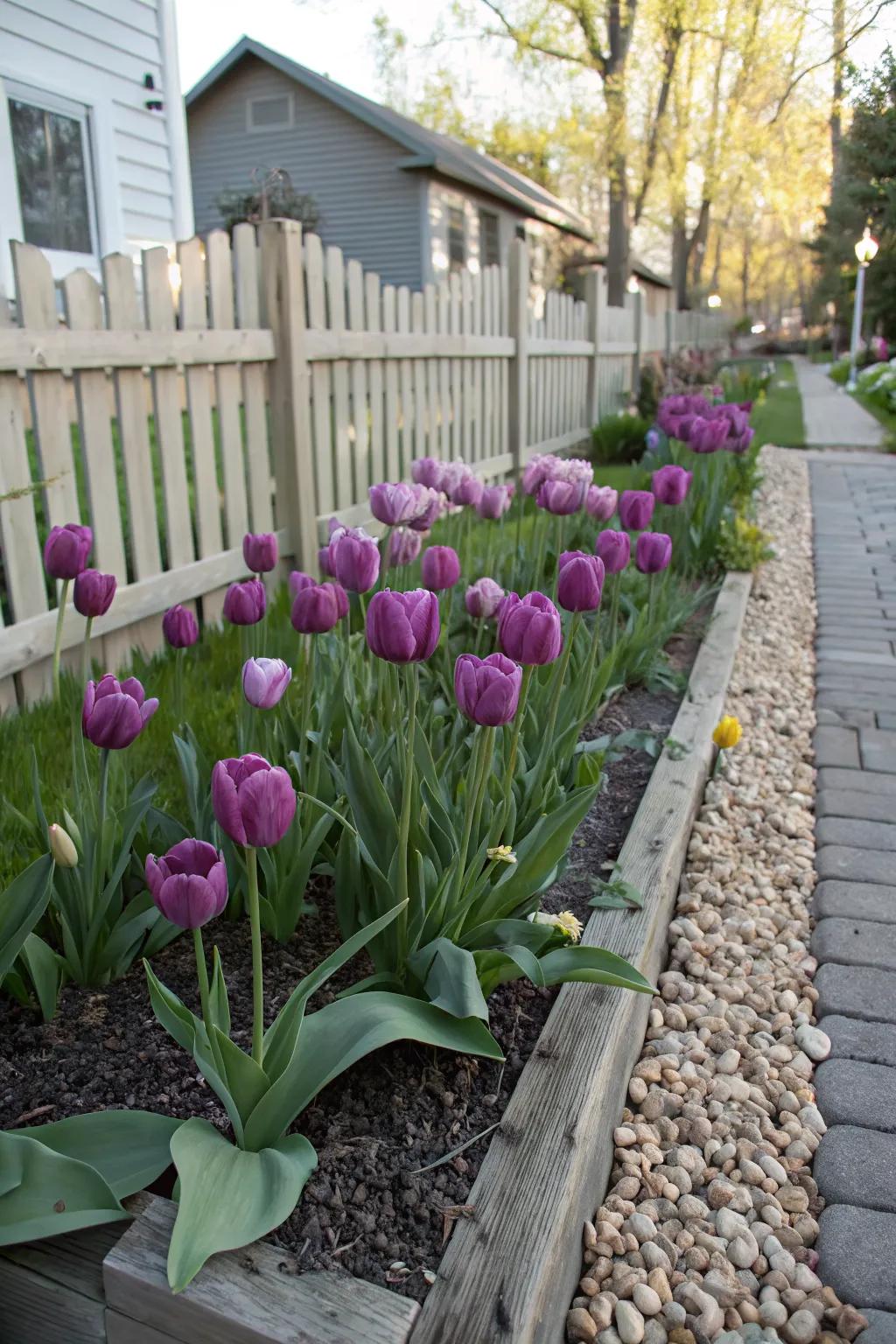 A monochromatic tulip bed makes a bold garden statement.