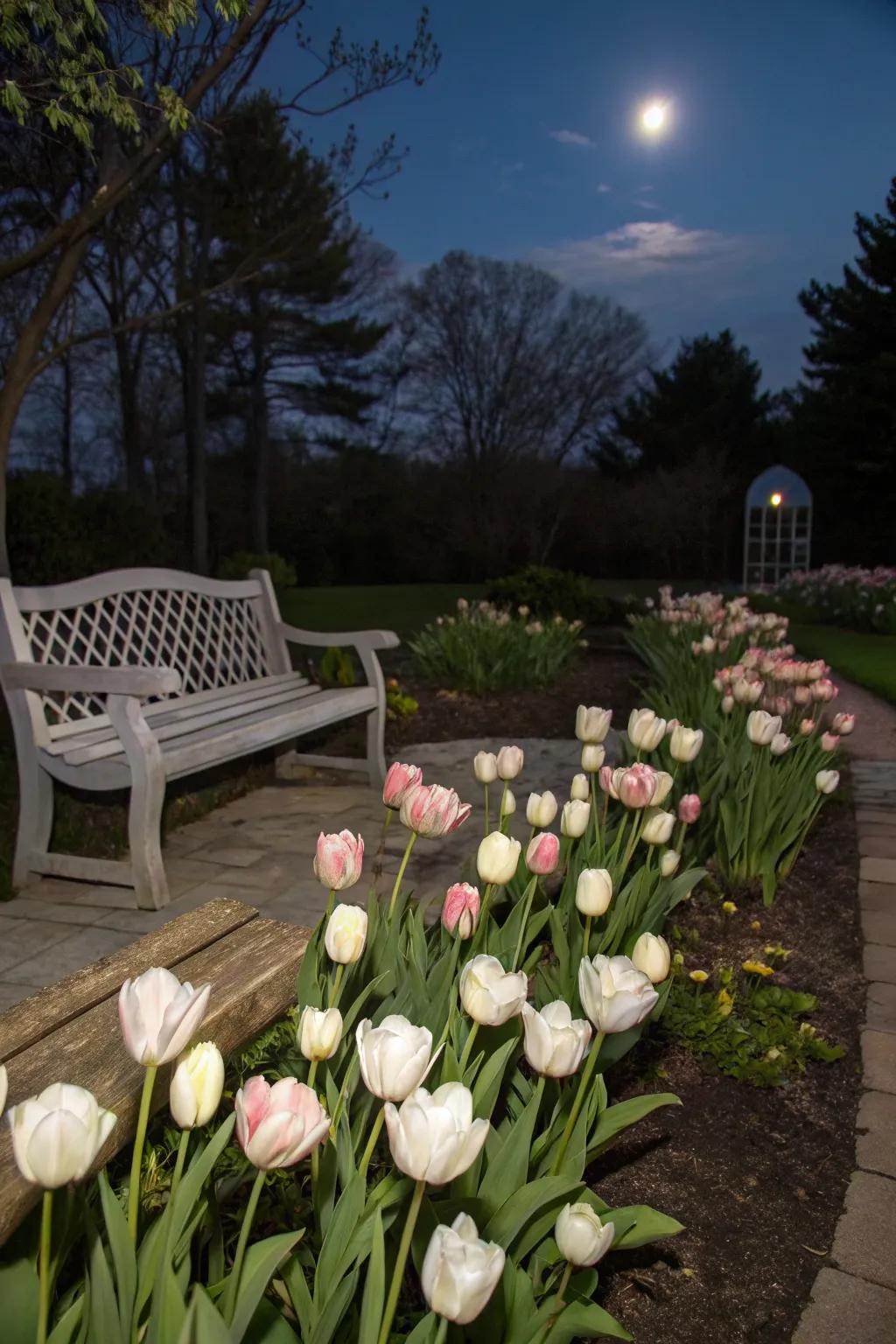 Moonlit tulips offer a serene and romantic garden setting.