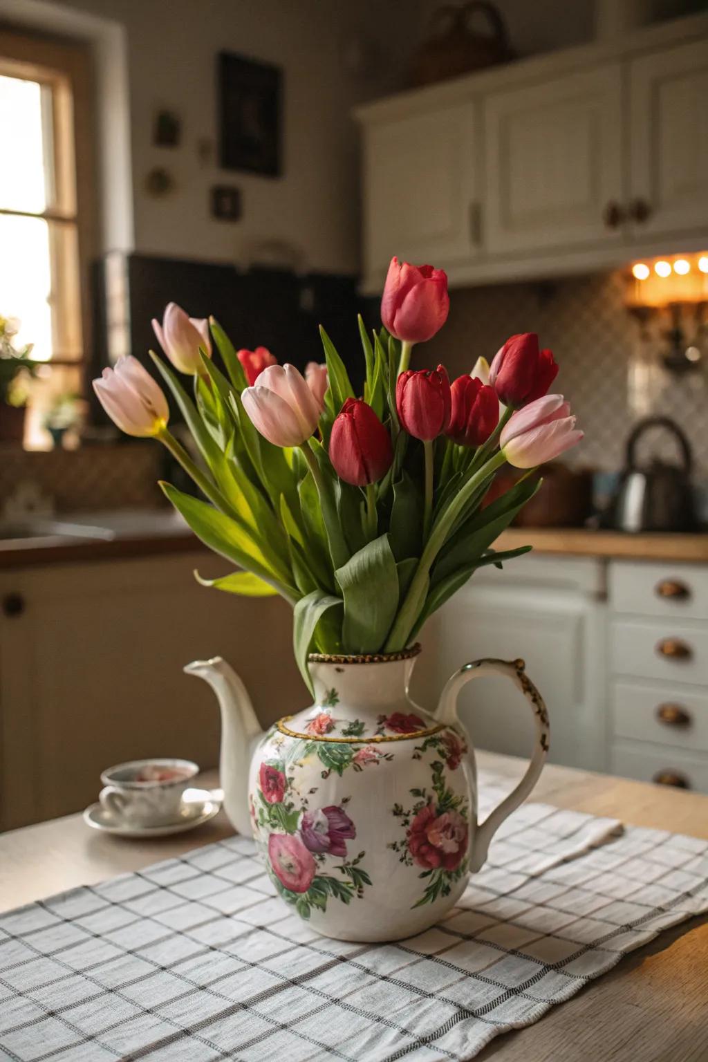 Tulips finding a home in a charming vintage teapot.