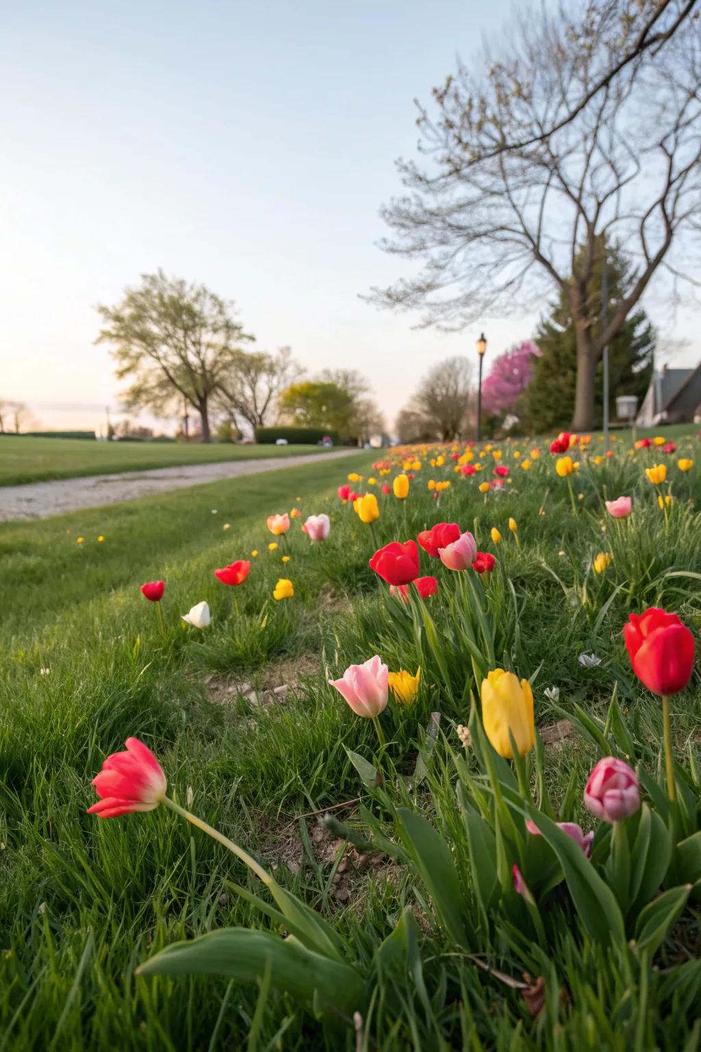 A whimsical tulip lawn with blooms peeking through the grass.