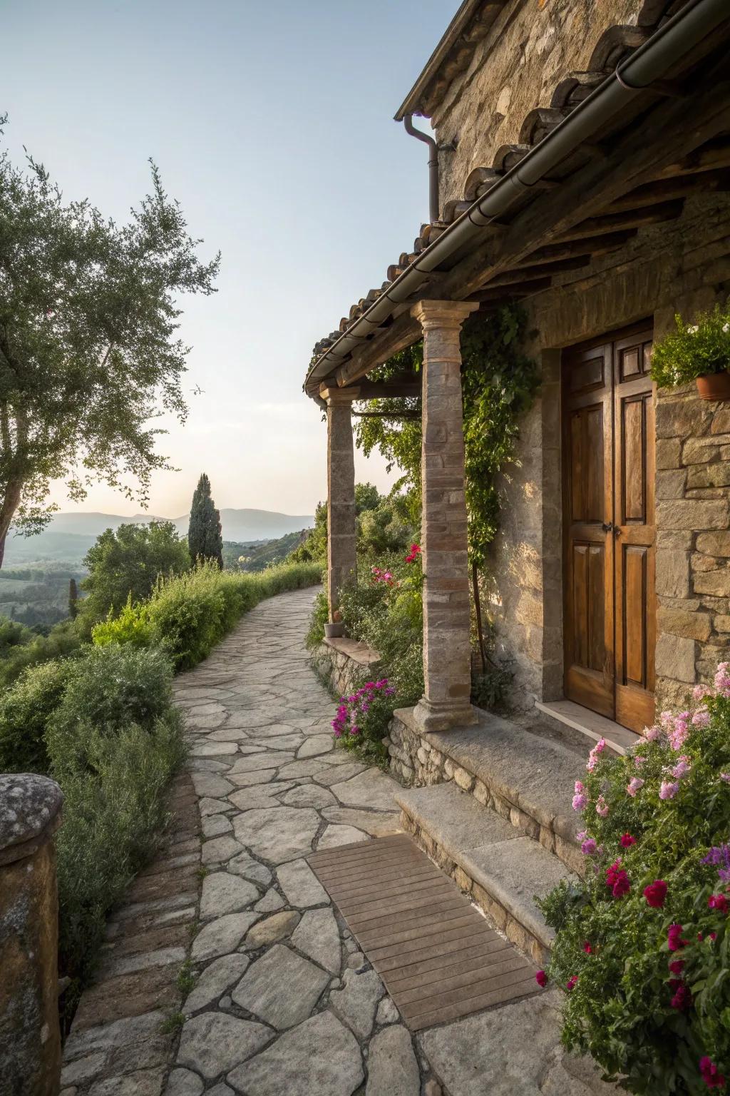 A welcoming stone pathway enhances the entrance to this Tuscan porch.