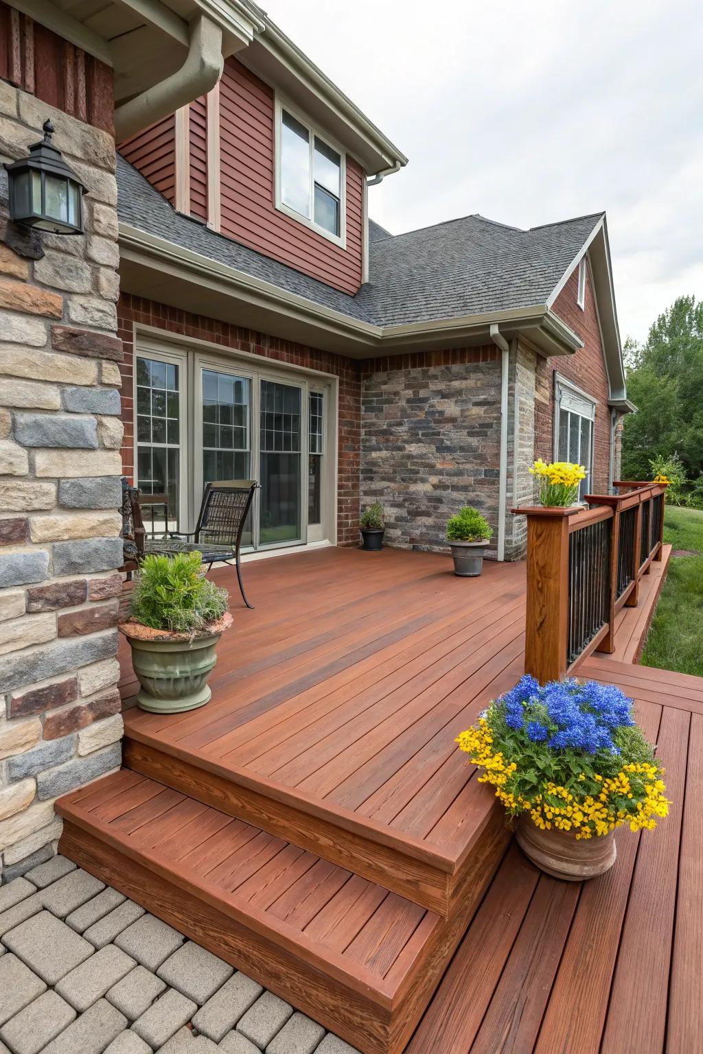Deck colors that perfectly blend with the brick and stone features of the home.
