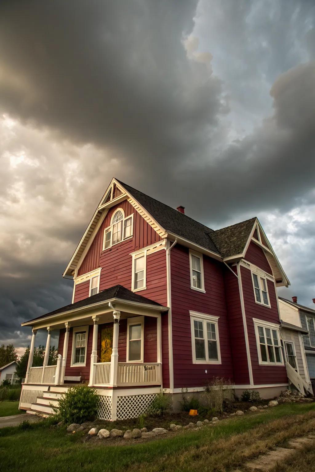 Burgundy and off-white add drama and depth to this home's exterior.