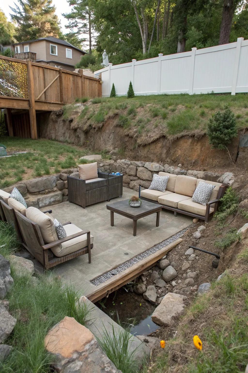 A sunken lounge creates a private retreat.