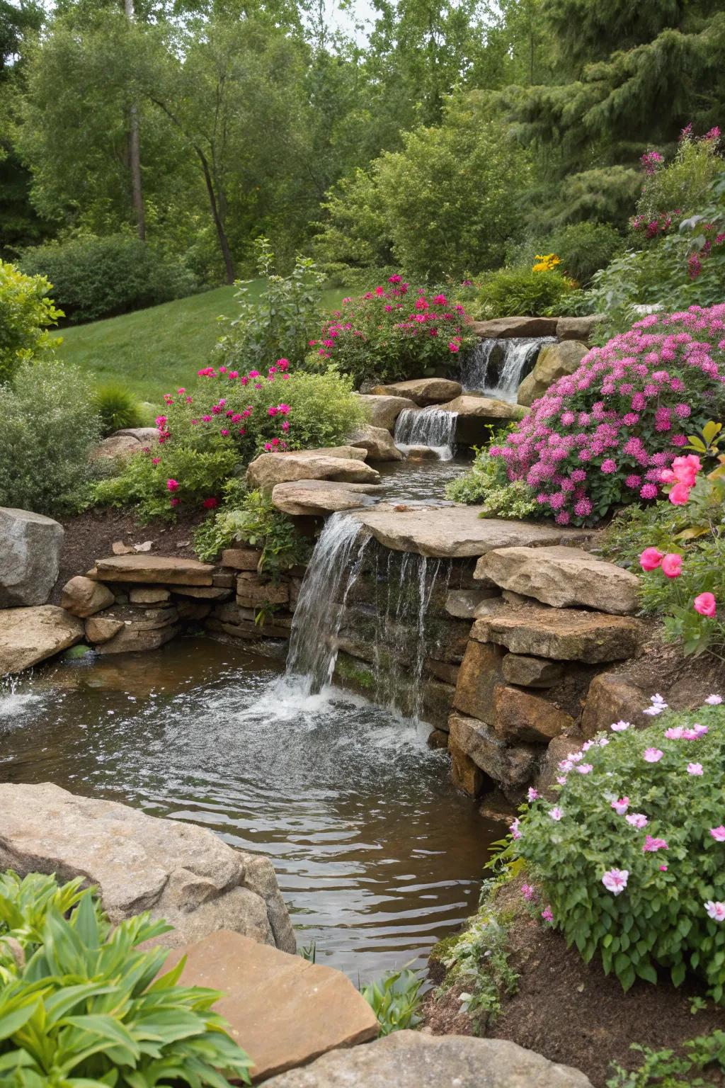A unique water feature adds a soothing element.