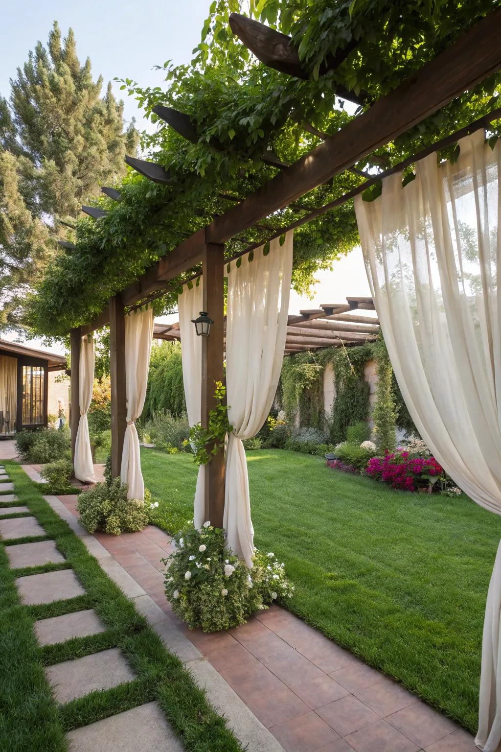 Create a private retreat with curtains on your pergola.