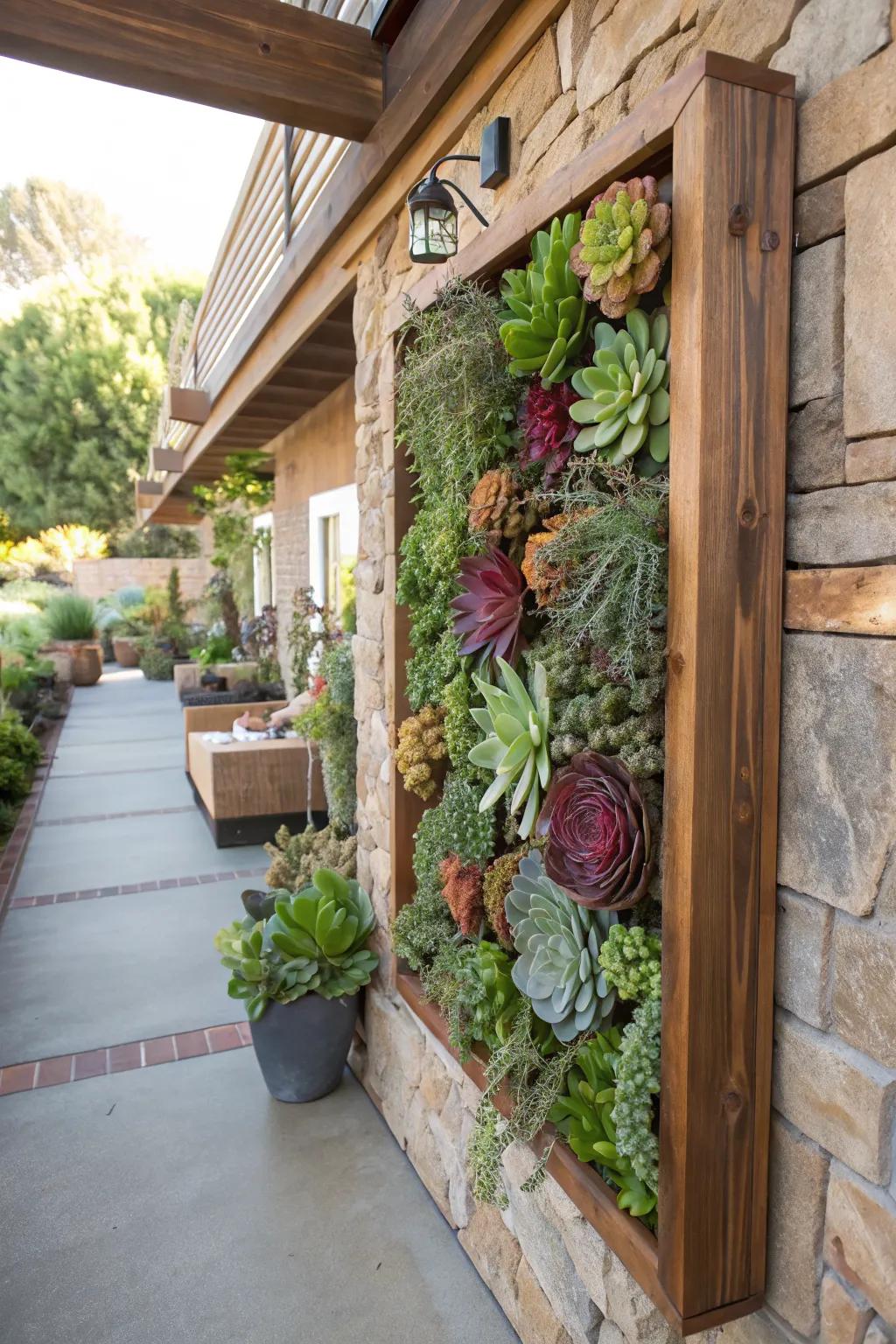 A picture frame transforms into a vertical succulent garden.