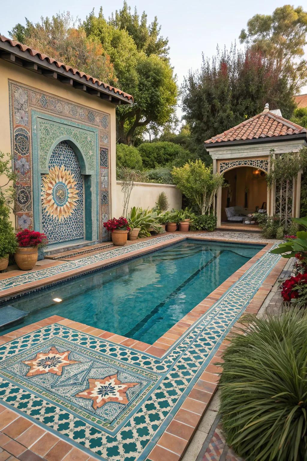 A pool with cultural paint design inspired by Moroccan tiles.