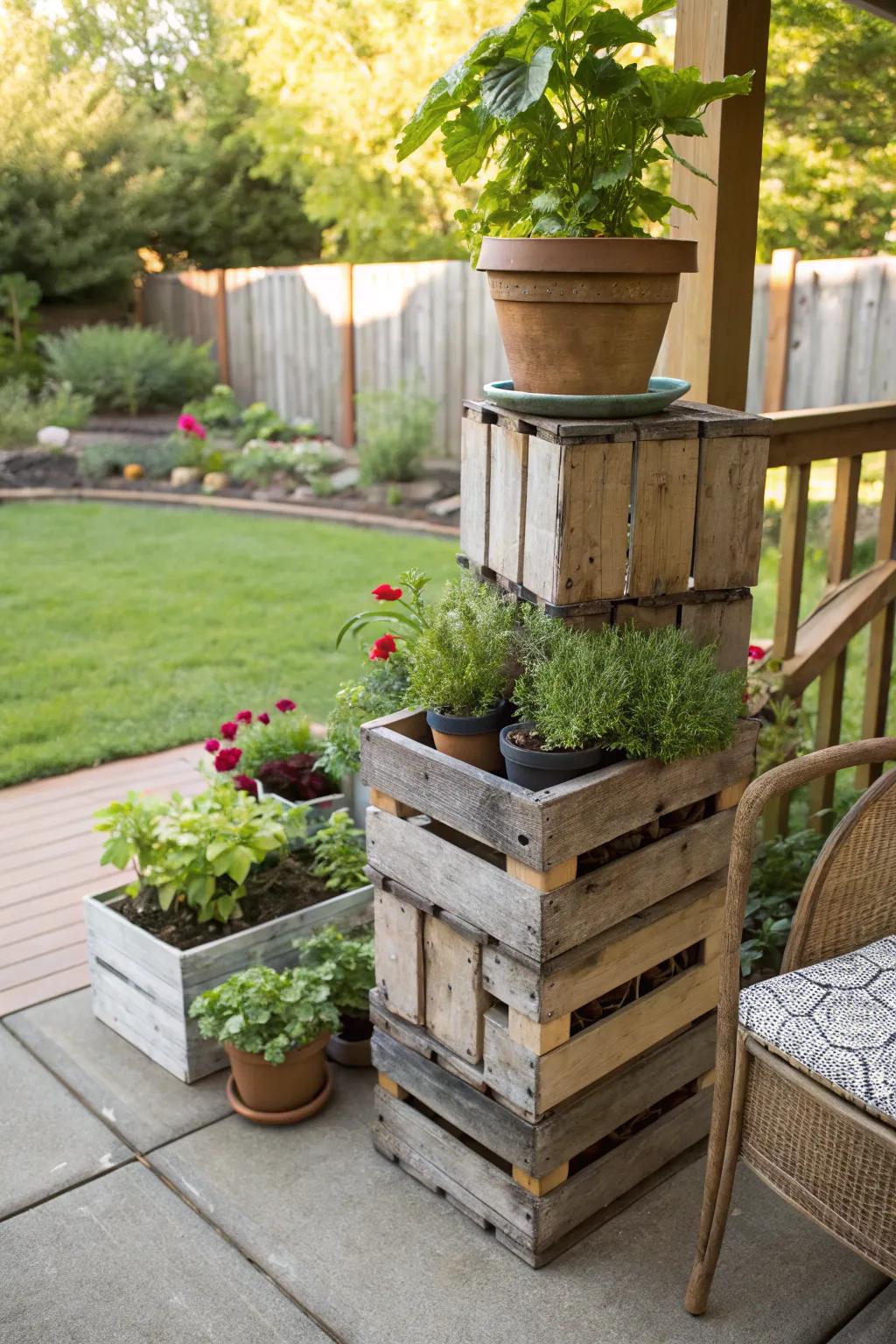 Wine crates stacked to create a dynamic plant display.