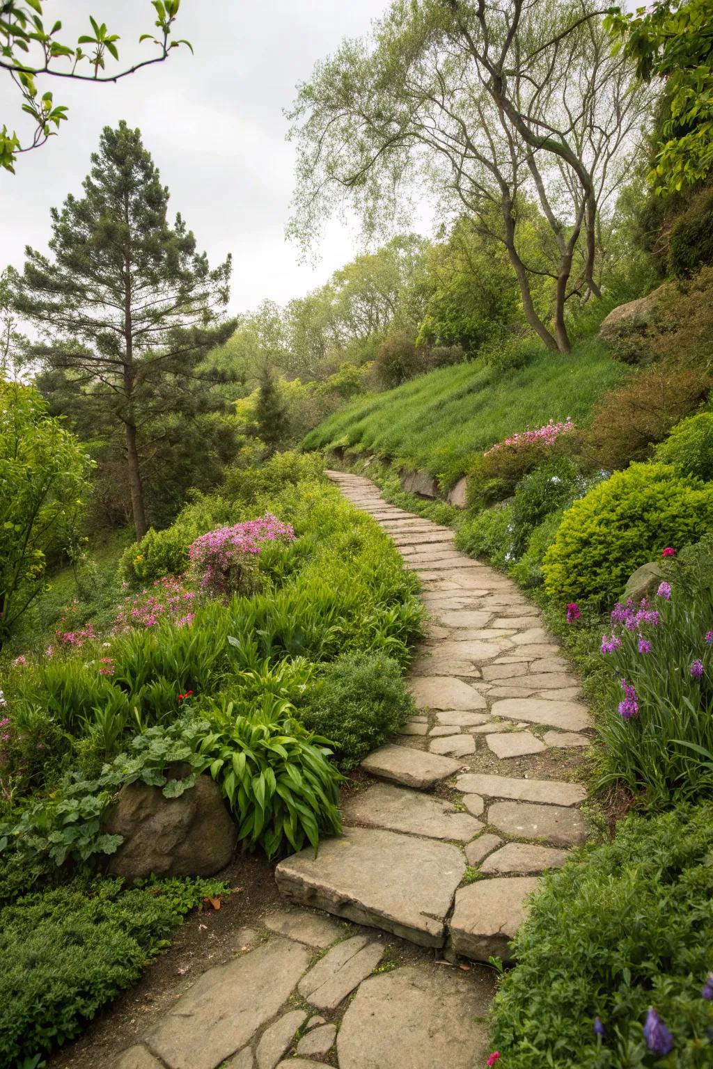 Stone paths invite exploration and connect garden areas.