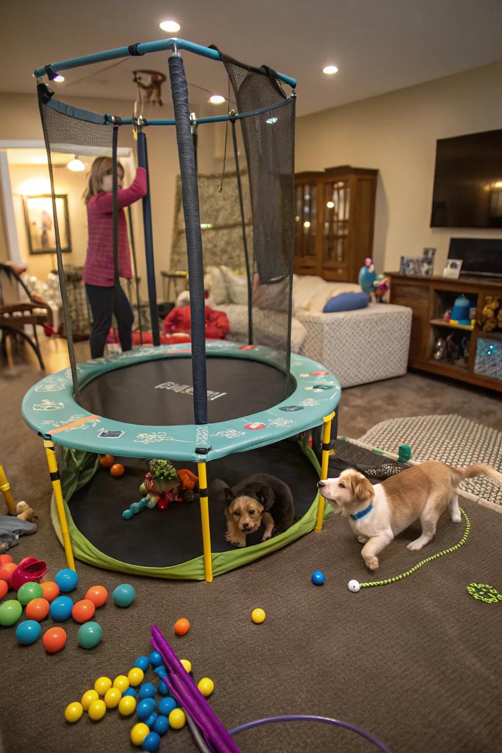 Transform your trampoline into a playful pen for your pets.
