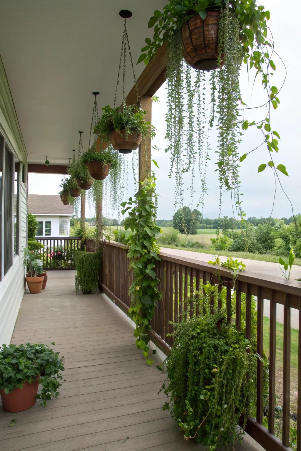 Hanging plants offer privacy and greenery for your porch.